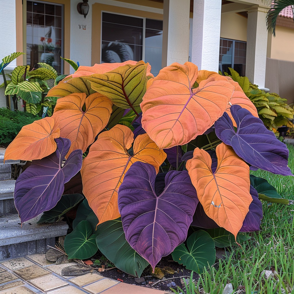 Giant-orange-and-purple-caladiums