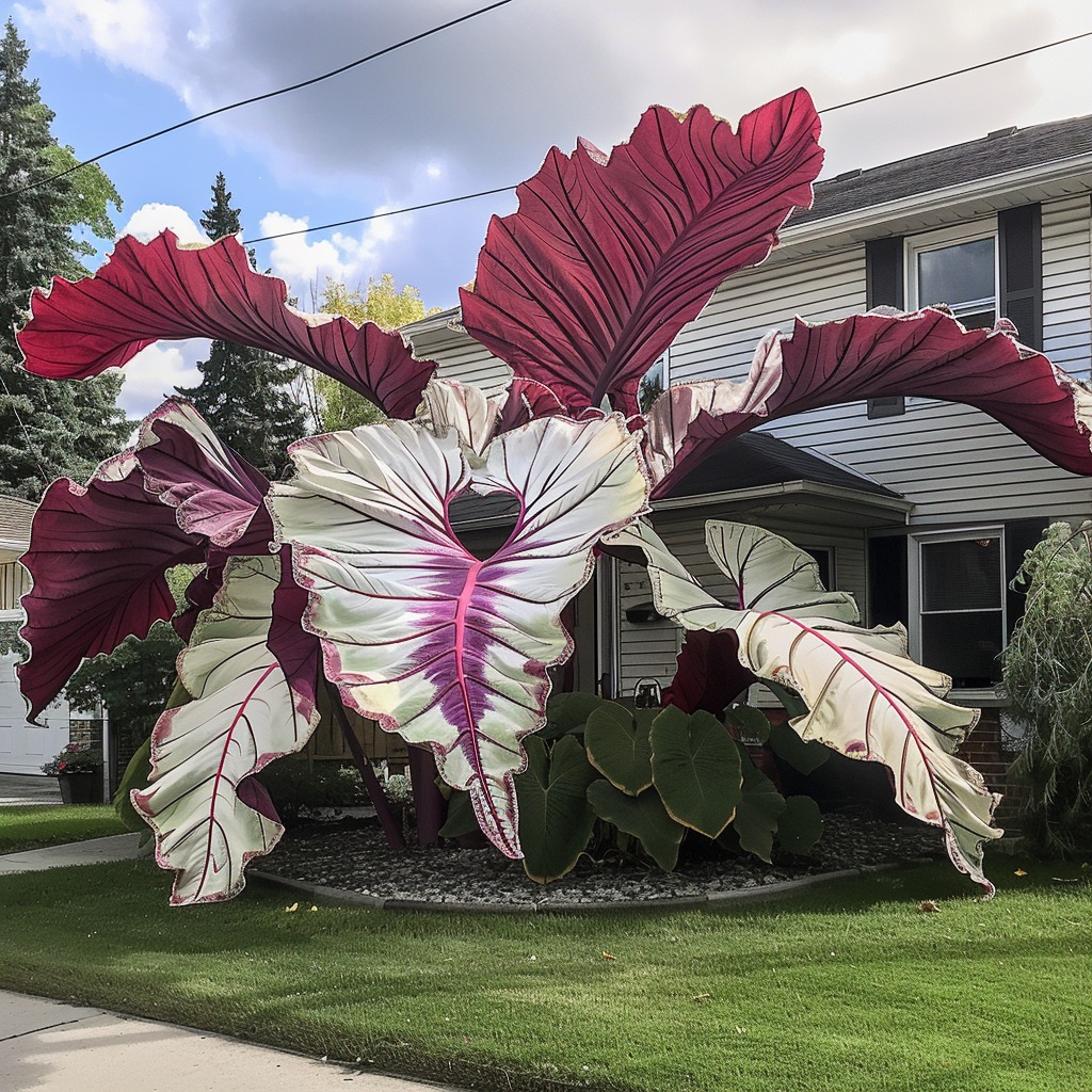 Purple and white colocasia elephant ear plant