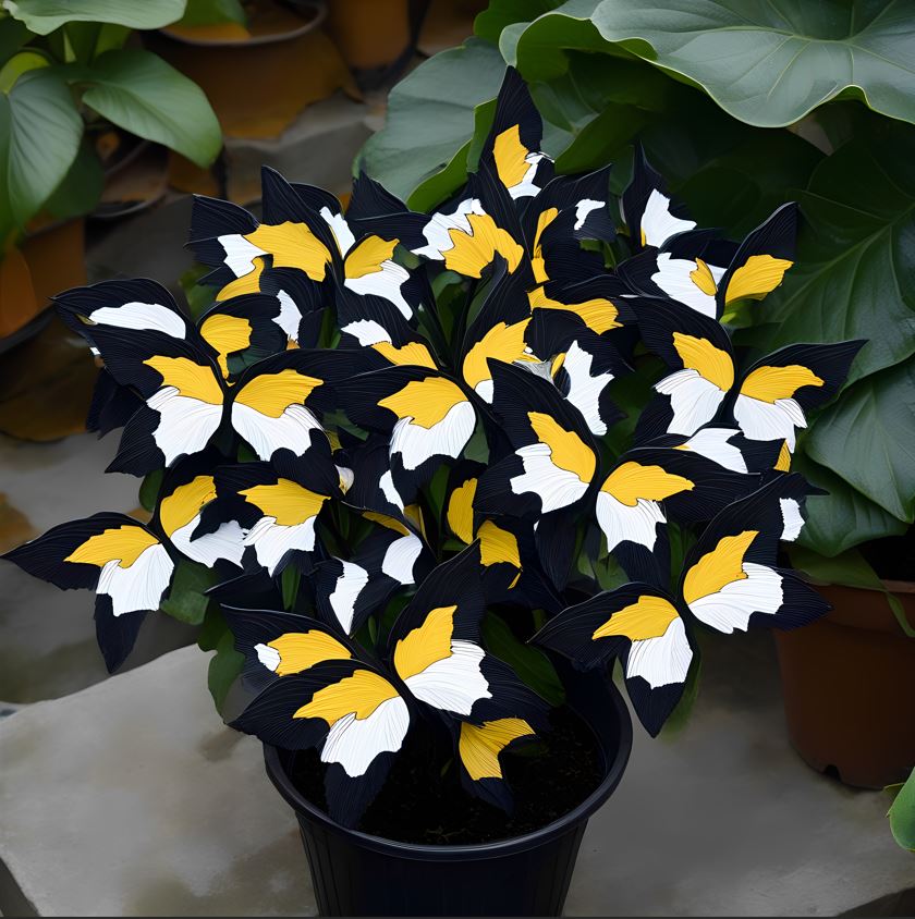 Begonia Golden Butterfly in a pot with dark leaves and vibrant yellow and white butterfly-like markings