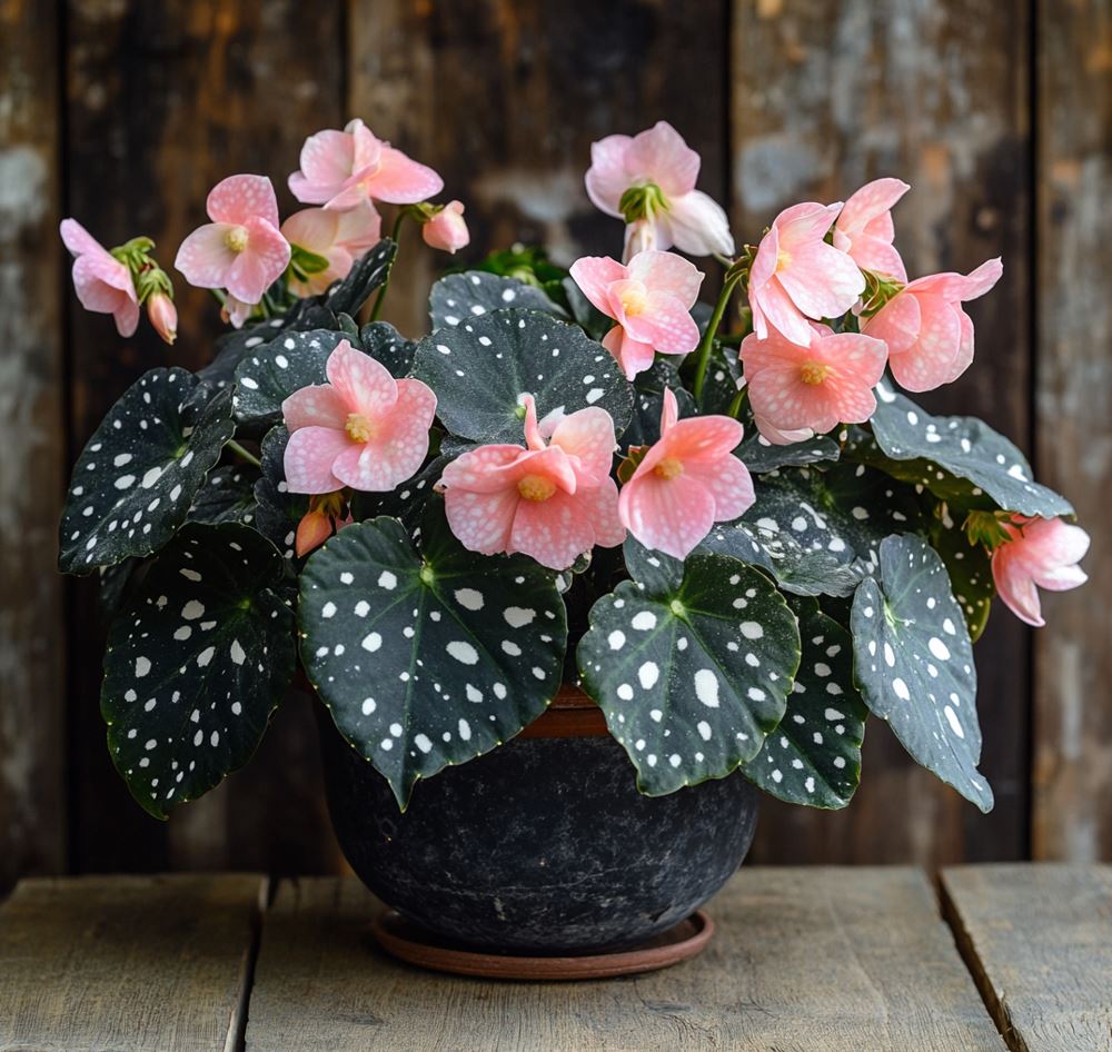 Begonia Hinojosa in a rustic pot with large green leaves featuring white spots and delicate pink flowers