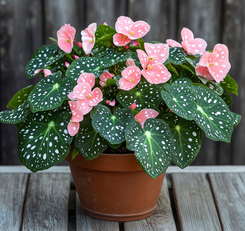 Begonia Hinojosa in a pot with large green leaves featuring white spots and soft pink flowers