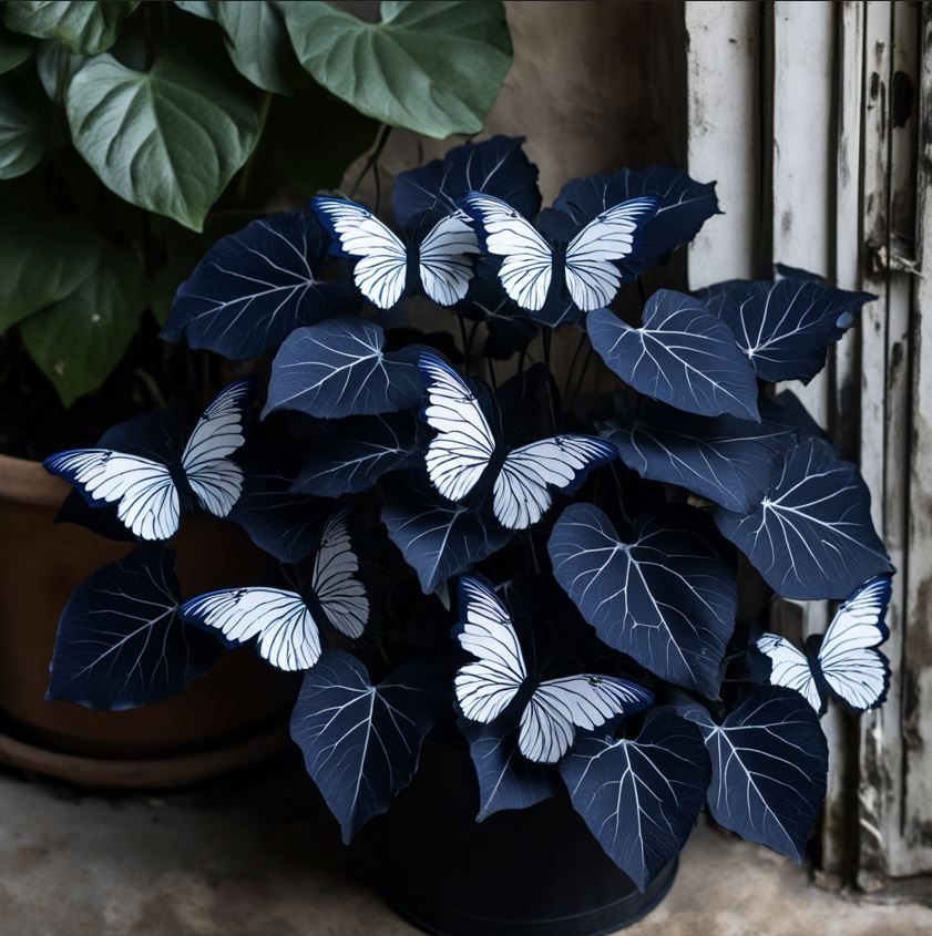 Begonia Midnight Butterfly with deep blue leaves and white butterfly-shaped patterns