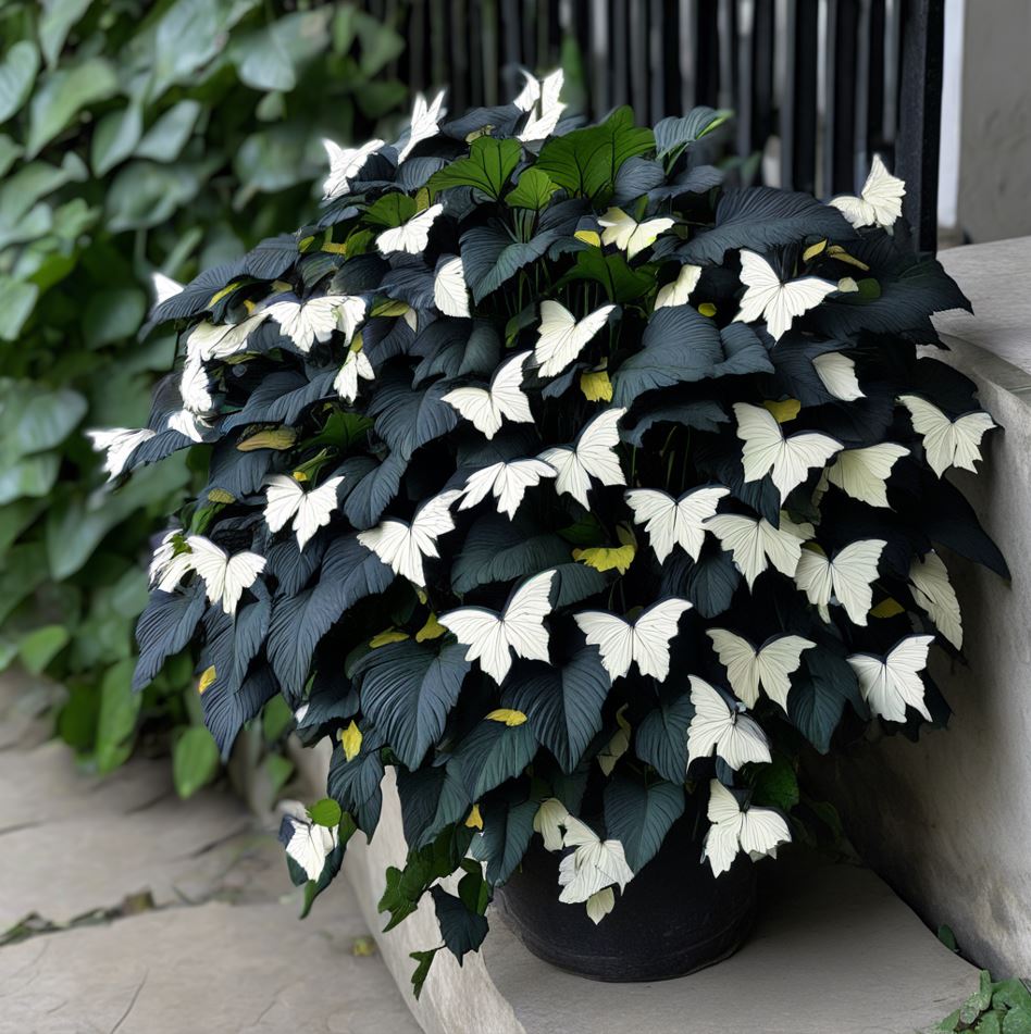 Begonia Moonlight Butterfly with striking white butterfly-shaped leaves in a lush dark green foliage