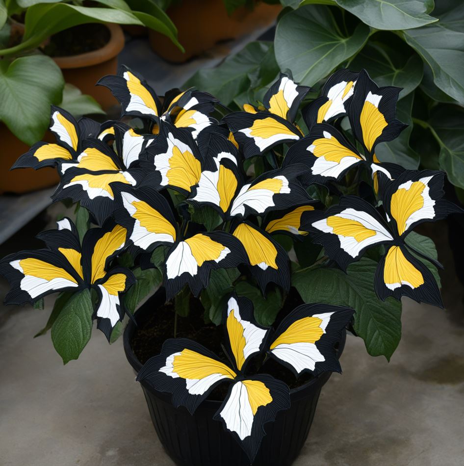 Begonia Moonlight Butterfly with yellow and white butterfly-shaped leaves in a black pot