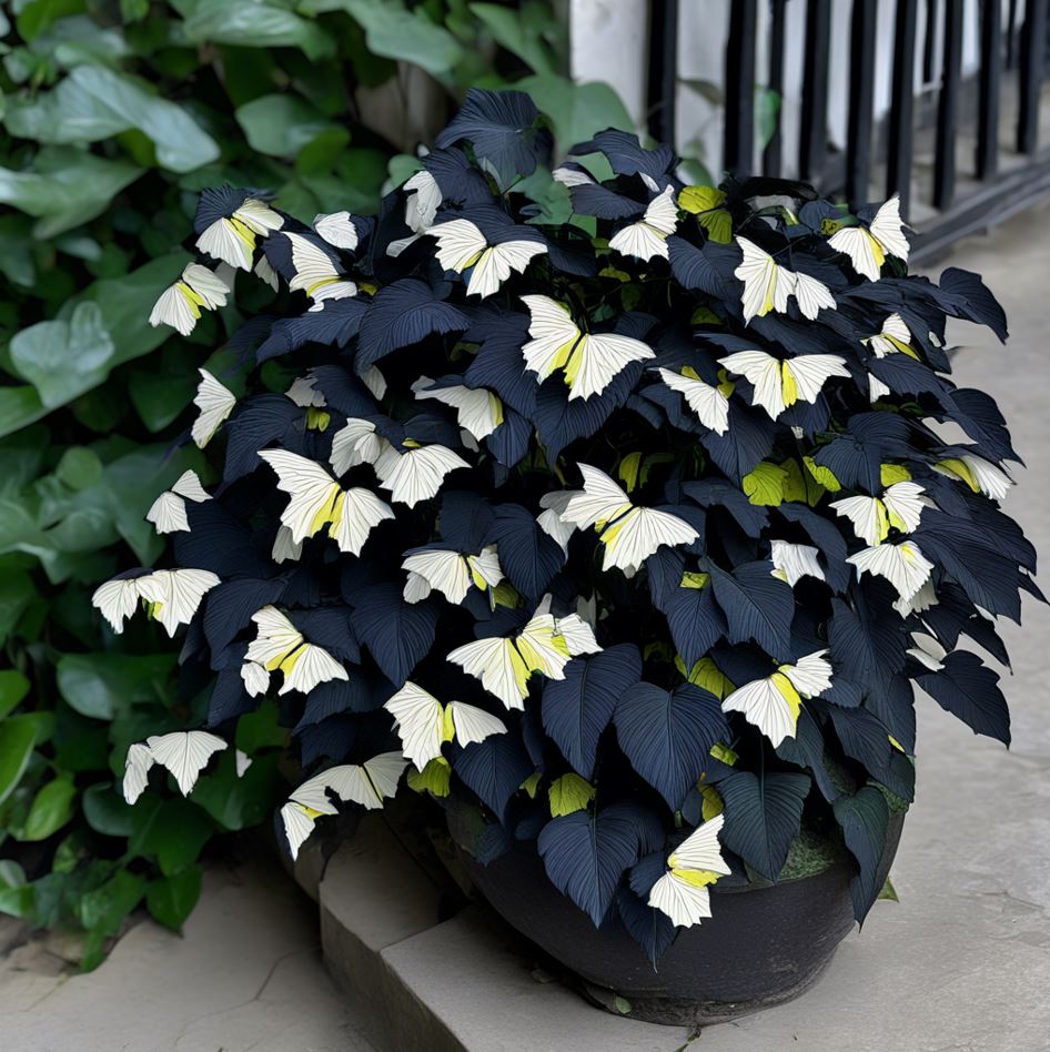 Begonia Moonlight Butterfly with delicate white butterfly-shaped leaves and dark green foliage