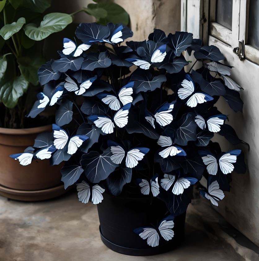 Begonia Moonlight Butterfly in a pot with dark leaves and white butterfly-like markings