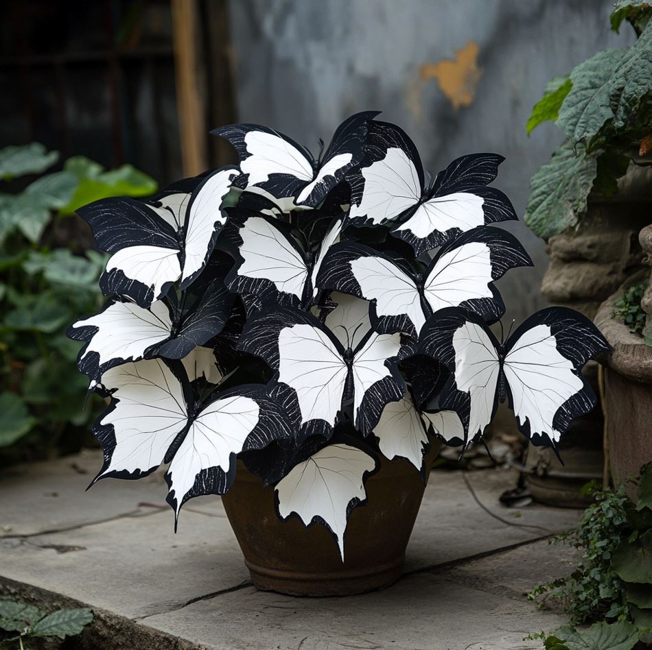 Begonia Moonlight Butterfly plant with delicate black and white butterfly-shaped foliage in a garden setting