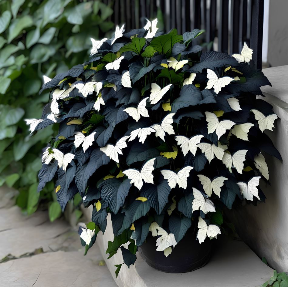 Begonia Moonlight Butterfly in a pot with dark leaves and delicate white butterfly-shaped patterns