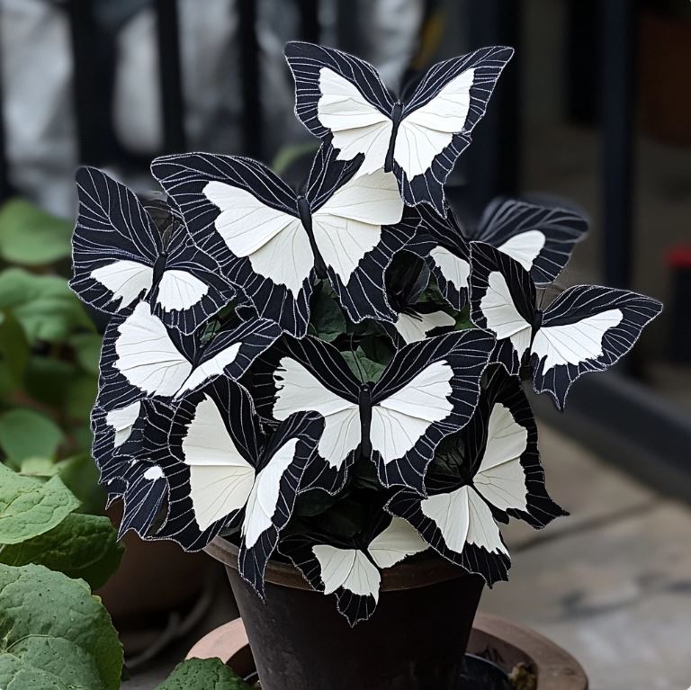 Begonia Moonlight Butterfly plant with striking black and white butterfly-shaped leaves in a potted display