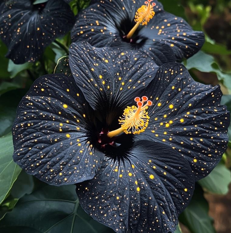 Black Hibiscus flowers with yellow speckles, striking and unique tropical blooms