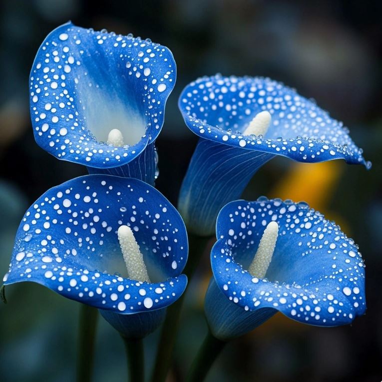 Blue and white Calla Lilies with dewdrops, elegant flowers with a speckled pattern