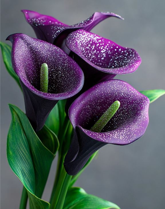 Dark purple Calla Lilies with silver speckles, elegant and dramatic blooms