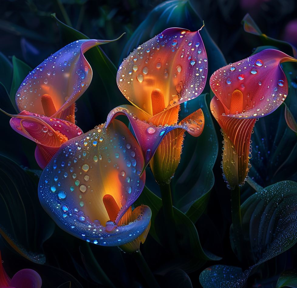 Fantasy Calla Lilies with vibrant colors and dewdrops, glowing in the dark