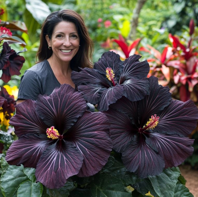 Woman next to giant Black Hibiscus flowers, unique dark blooms in a garden setting