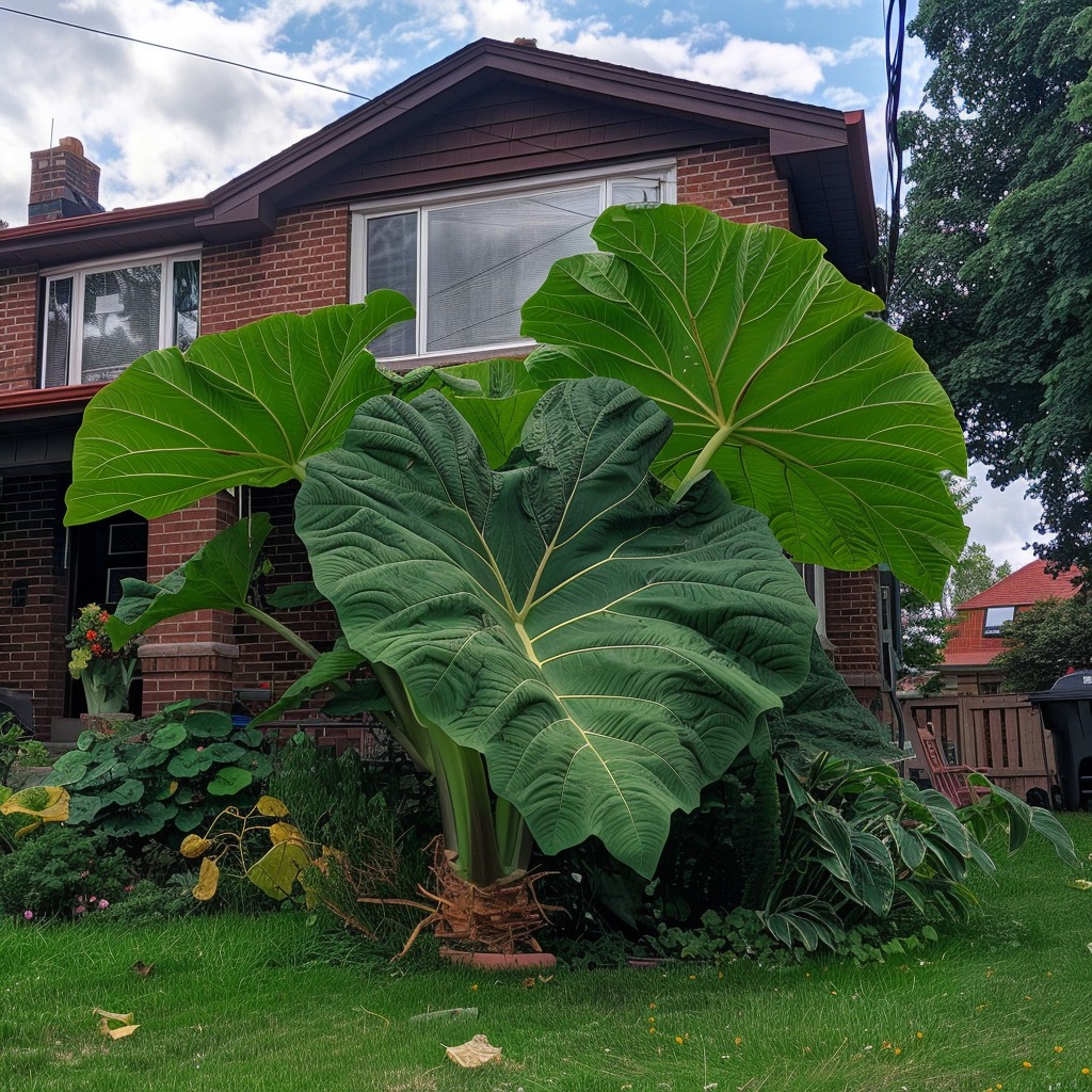 Large Elephant Ear plants in front of a brick house, showcasing their impressive size and lush green leaves