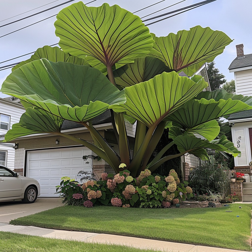 Giant green Elephant Ear plants in a front yard, creating a lush and tropical landscape