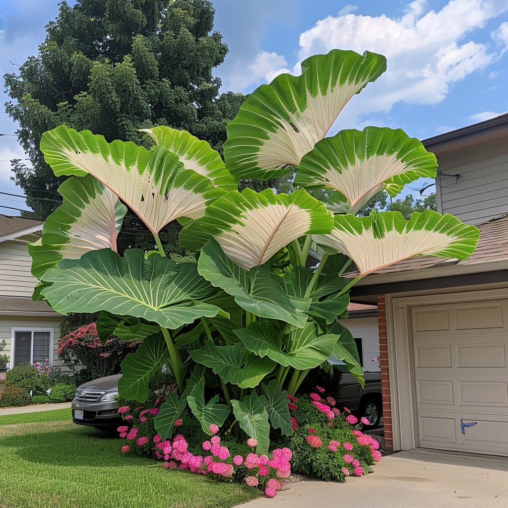 Giant green and cream Elephant Ear plants in a front yard, creating a lush and striking garden display