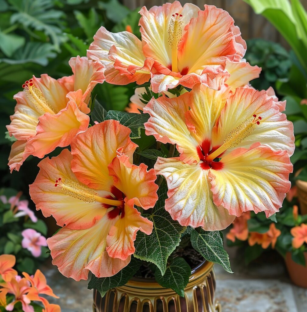 Hibiscus Candy Swirl, vibrant orange and yellow hibiscus flower in a garden