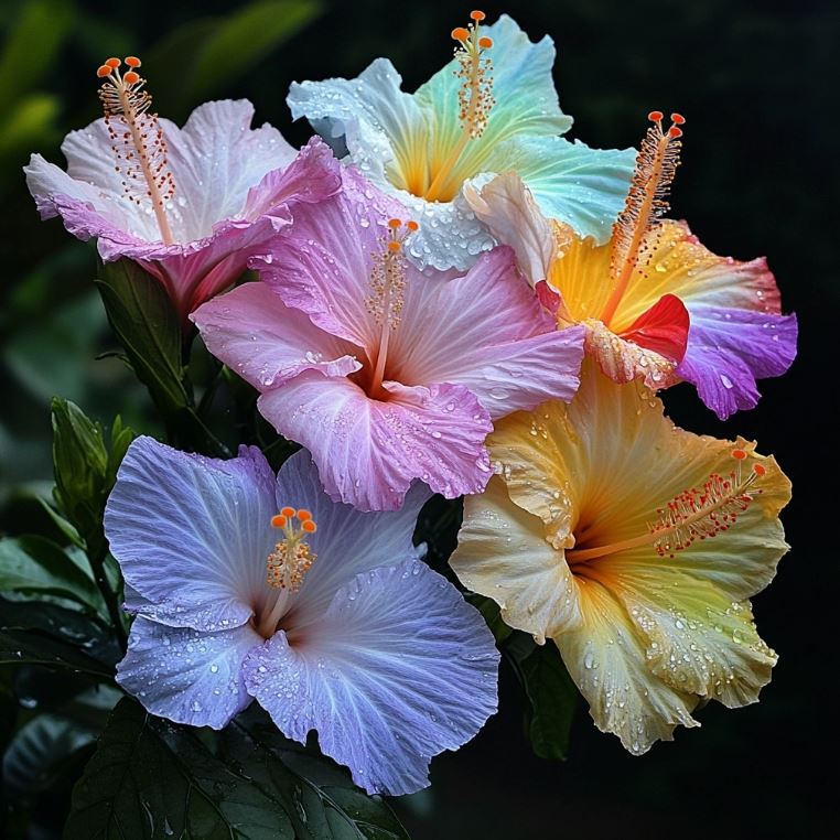 Multi-colored Hibiscus bouquet, vibrant pastel blooms with dewdrops