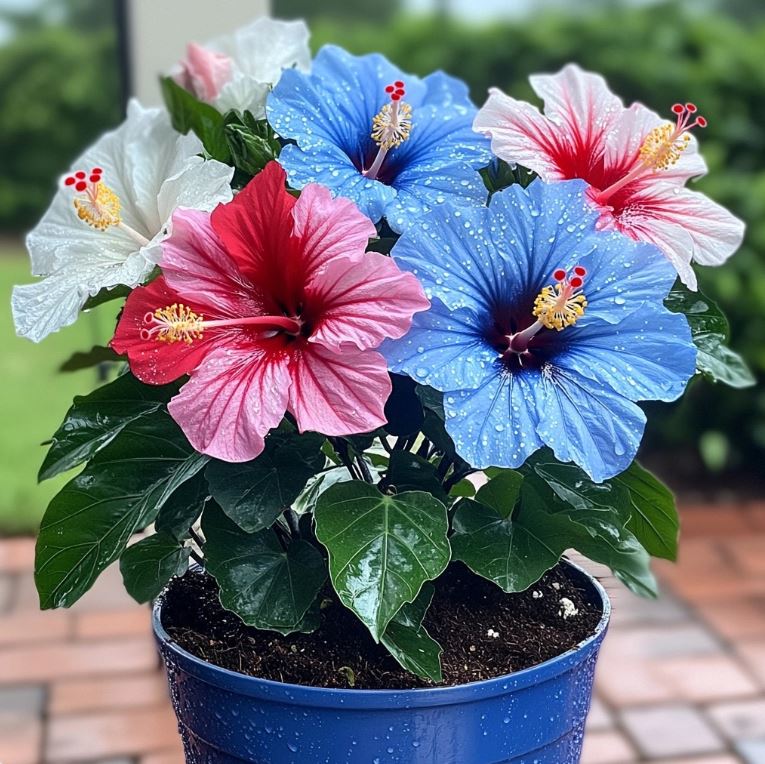 Potted Hibiscus with bright blue, red, and white flowers, vibrant multi-colored blooms