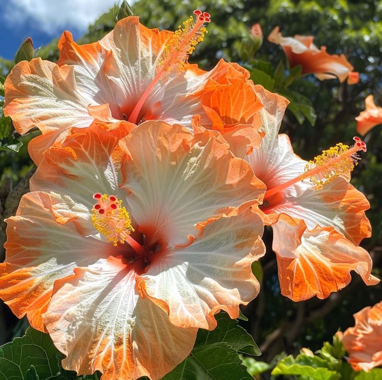 Oversized orange and cream Hibiscus flowers, stunning tropical blooms in sunlight