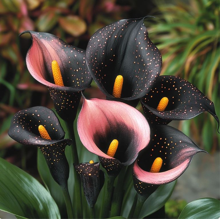 Pink and black Calla Lilies with orange speckles, elegant and dramatic blooms