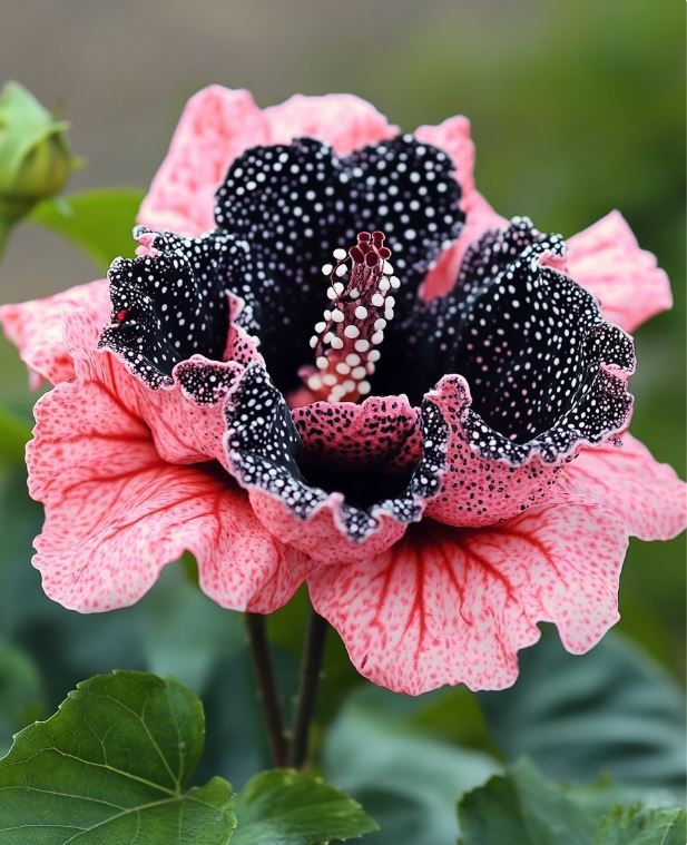 Hibiscus with pink and black petals, intricate spotted pattern creating a unique bloom