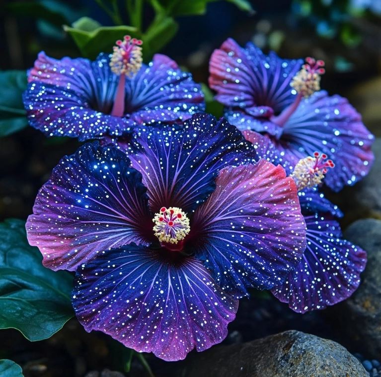 Hibiscus flowers with purple and blue petals, shimmering with a starry pattern