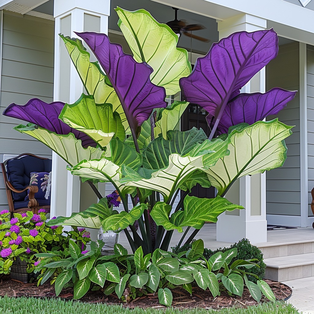 Stunning purple and green Elephant Ear plants adorning a front porch garden