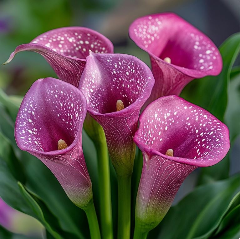 Purple and pink Calla Lilies with white speckles, elegant and vibrant blooms