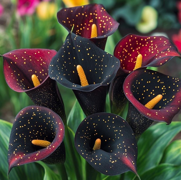 Red and Black Calla Lilies - Striking Blooms with Yellow Speckles