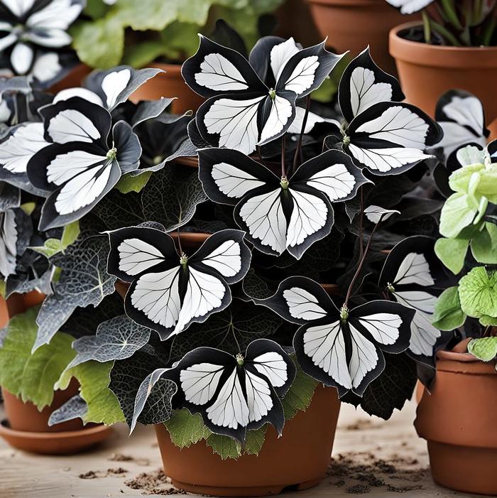 Begonia Moonlight Butterfly plant with delicate black and white butterfly-shaped foliage in a garden setting