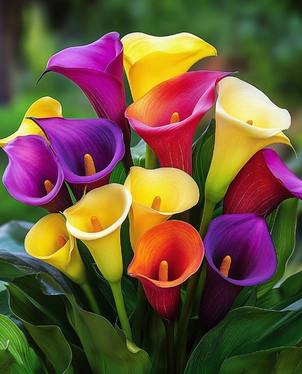 Colorful bouquet of Calla Lilies with vibrant purple, yellow, and red blooms