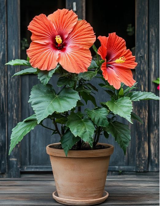 Potted Hibiscus with large vibrant red flowers, stunning tropical blooms