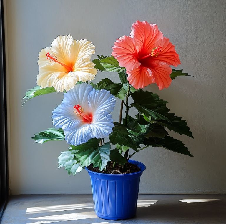 red and blue, white flower hibiscus