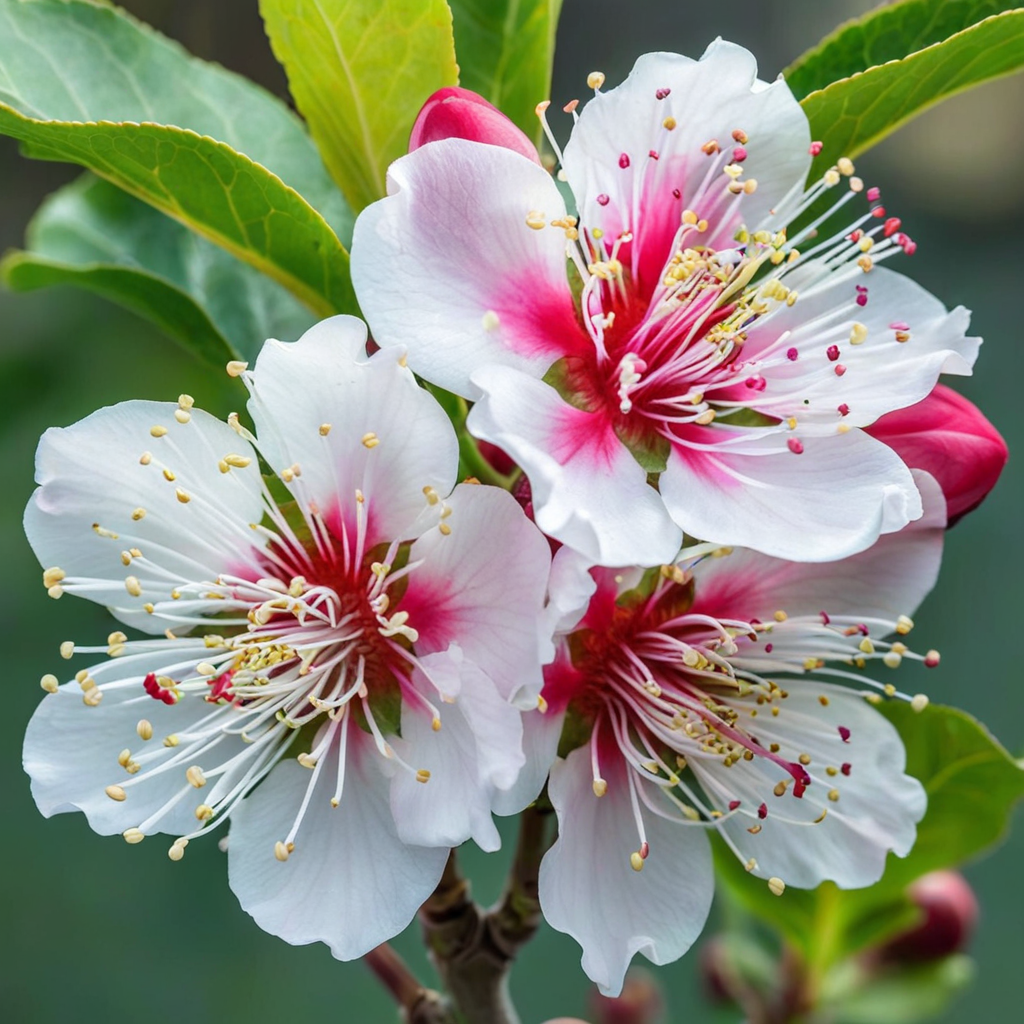 White and pink flowers with bright yellow stamens blooming on a green leafy branch