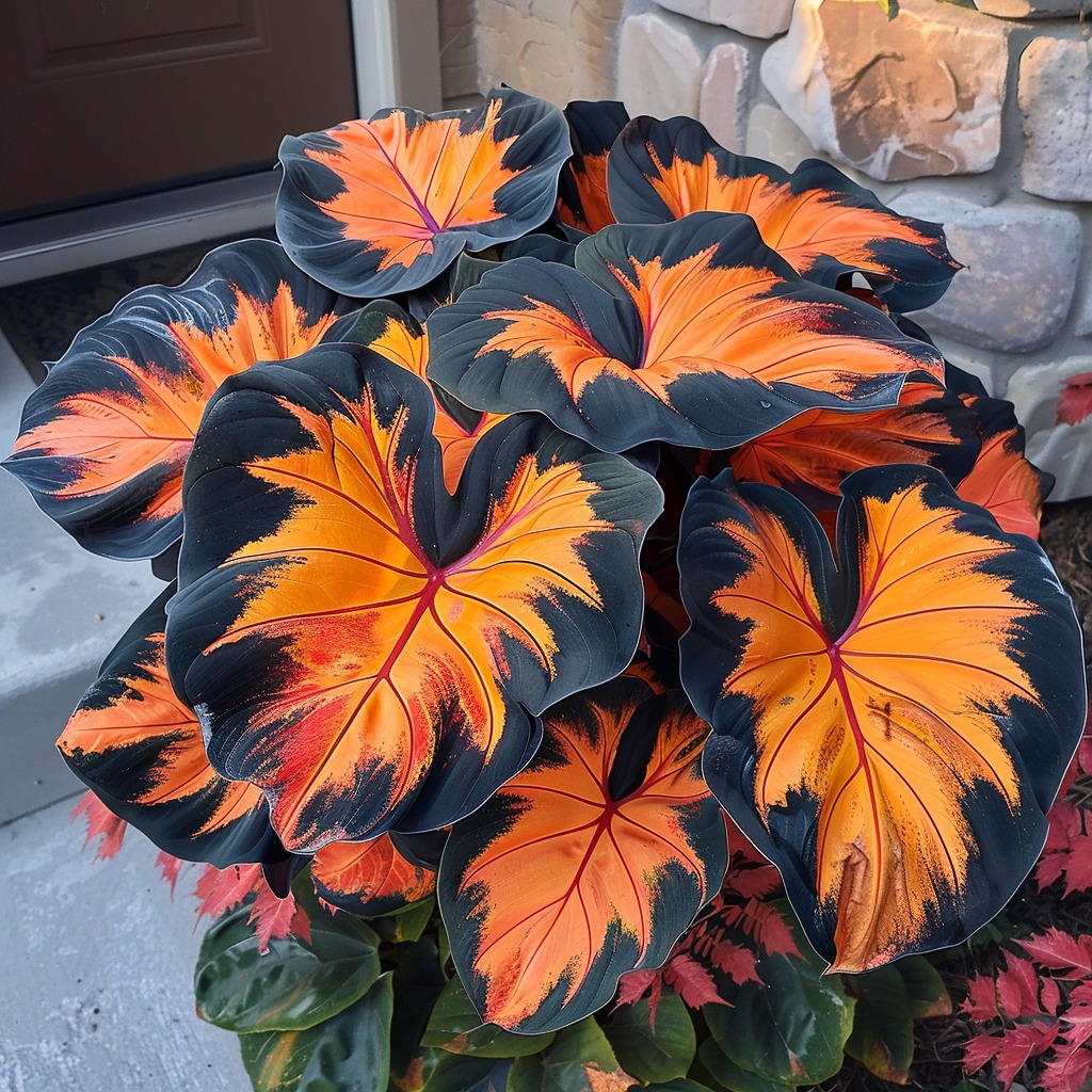 Dramatic Caladium Leaves with Bright Orange and Black Colors