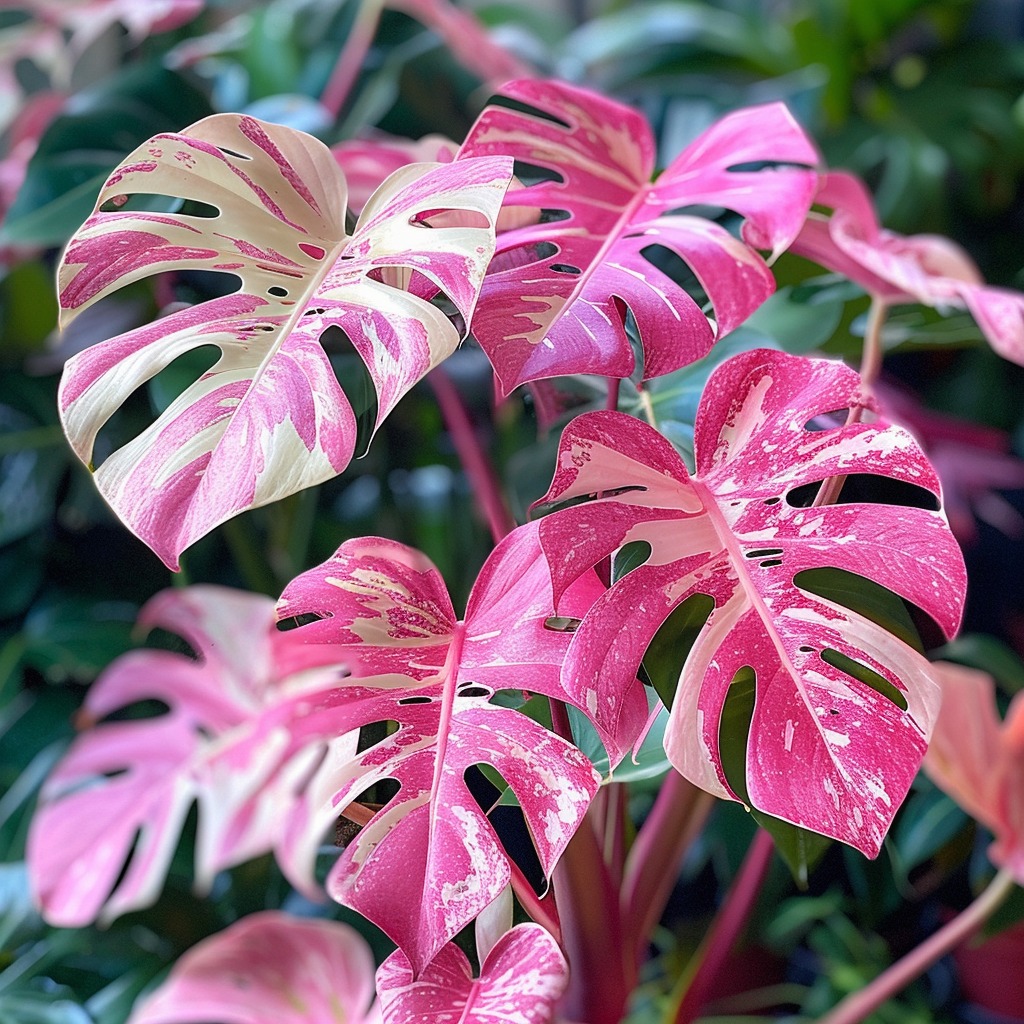 Monstera Variegata with pink, white, and green leaves in a stylish indoor garden