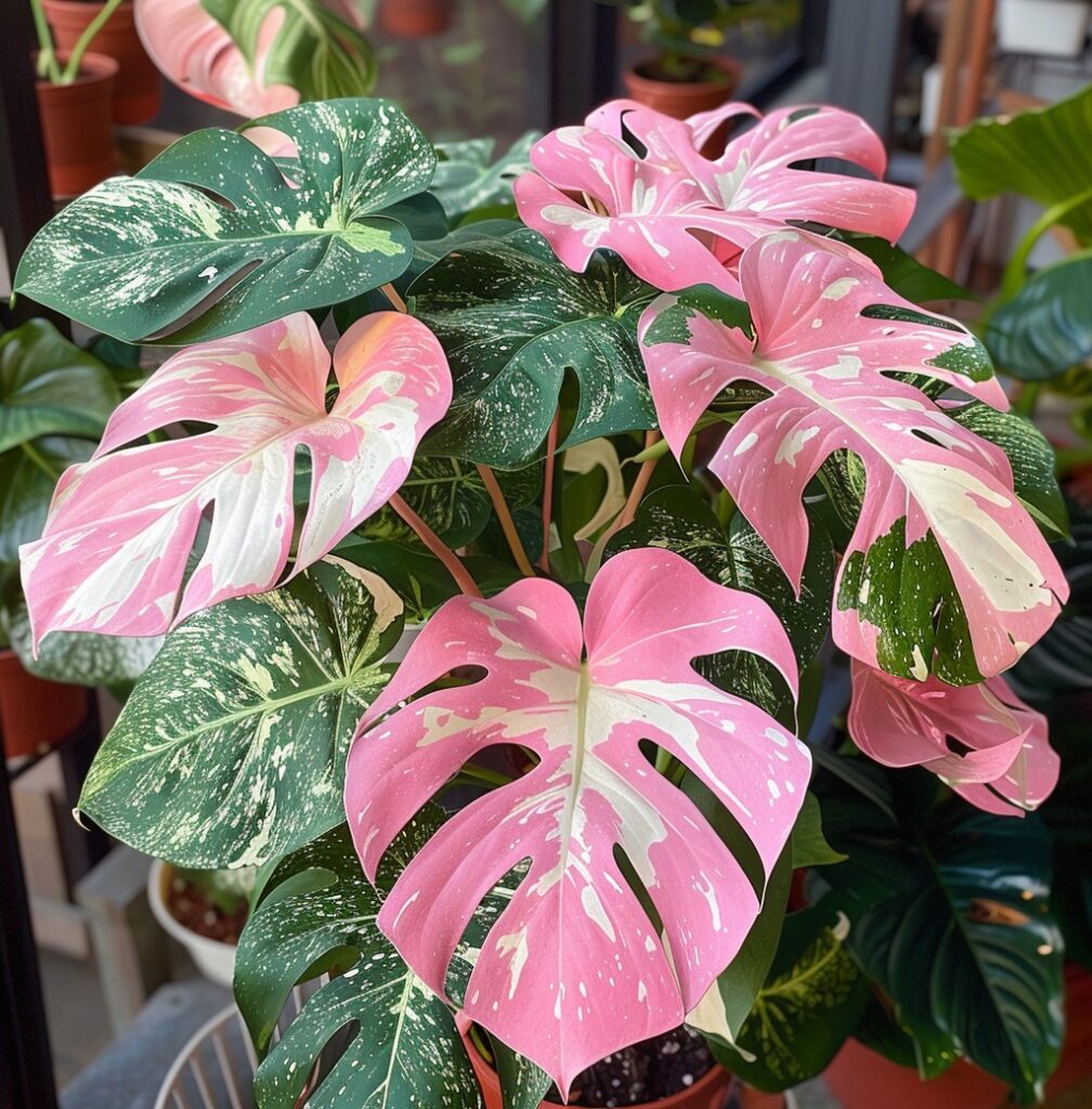 Monstera Variegata with pink, white, and green leaves in a stylish indoor garden