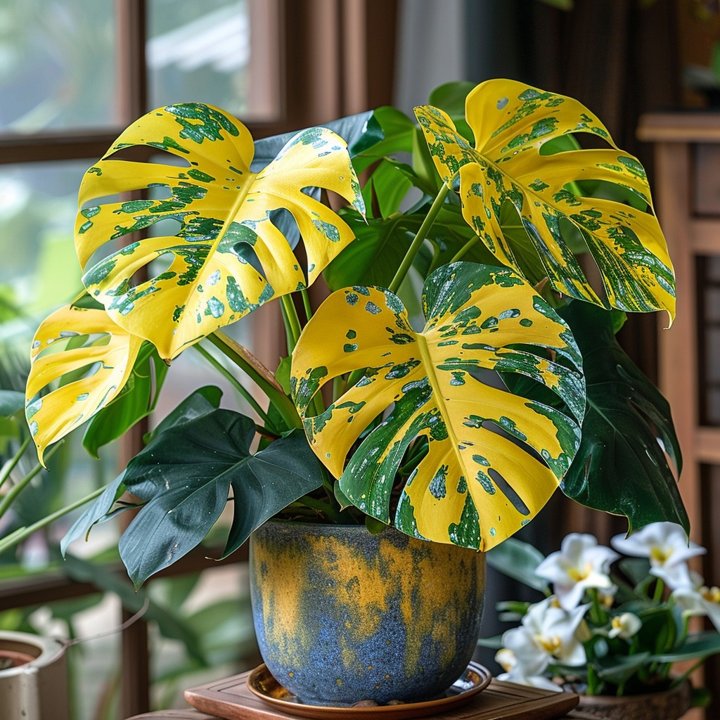 Monstera Variegata with yellow and green leaves in a blue and yellow ceramic pot, indoor decor