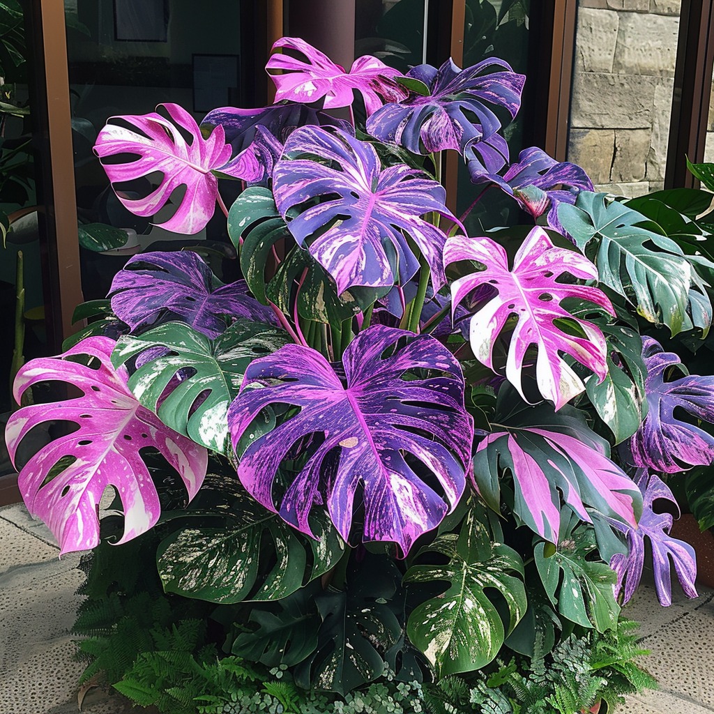 Monstera Variegata with vibrant purple and white speckled leaves in an outdoor decorative setting