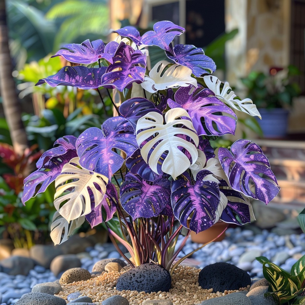 Monstera Variegata with vibrant purple and white speckled leaves in an outdoor decorative setting