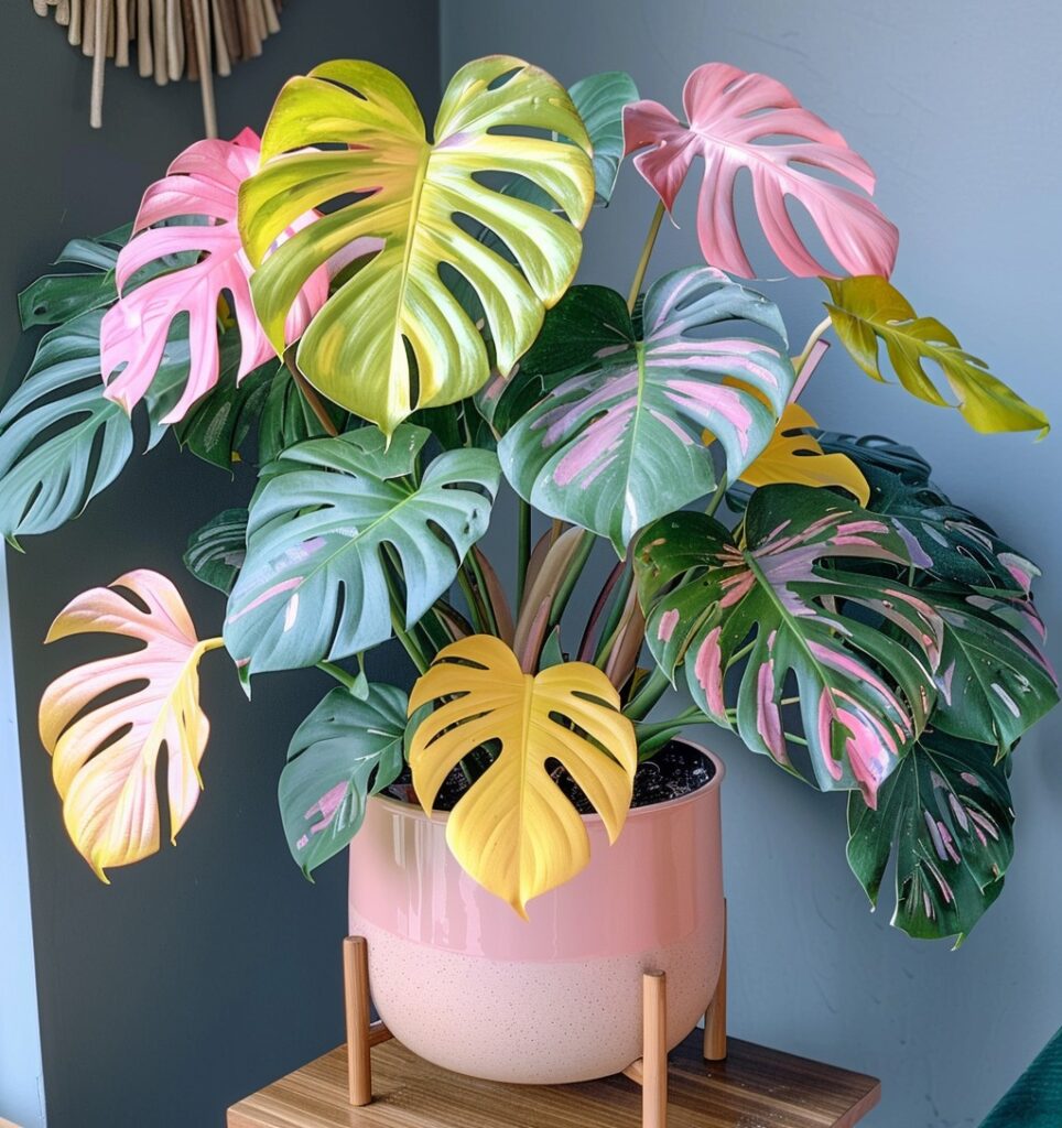 Monstera Variegata with pink, white, and green leaves in a stylish indoor garden