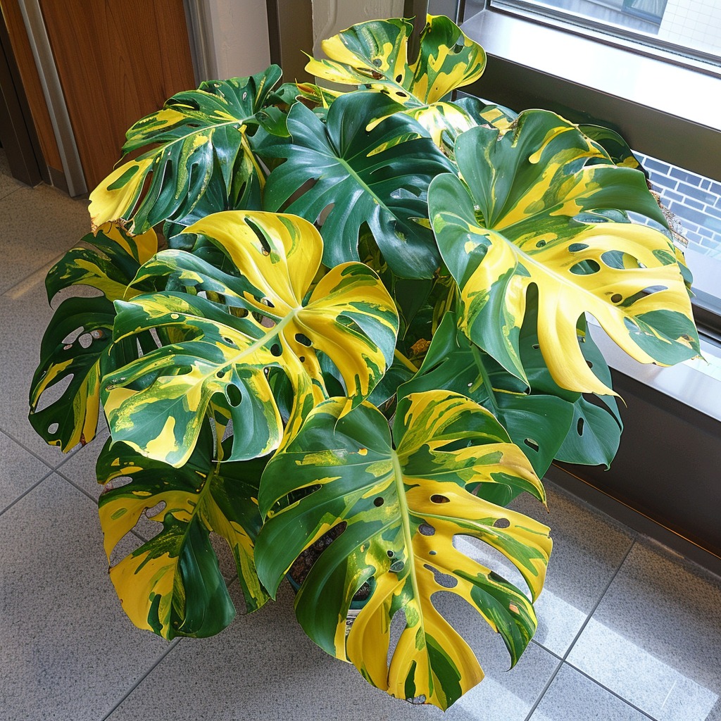 Monstera Variegata with yellow and green leaves in a blue and yellow ceramic pot, indoor decor