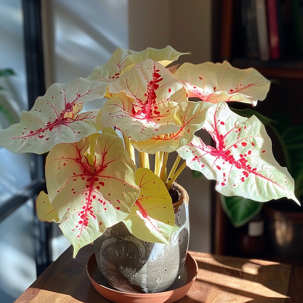 Caladium plant with cream-colored leaves and red vein patterns in a pot