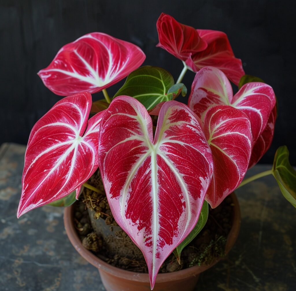 Caladium plant with heart-shaped red and white leaves in a pot