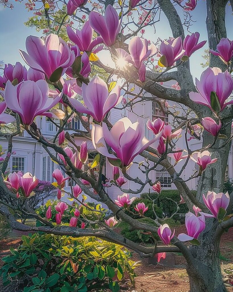 Pink magnolia tree blossoms in full bloom, illuminated by sunlight, with a house in the background