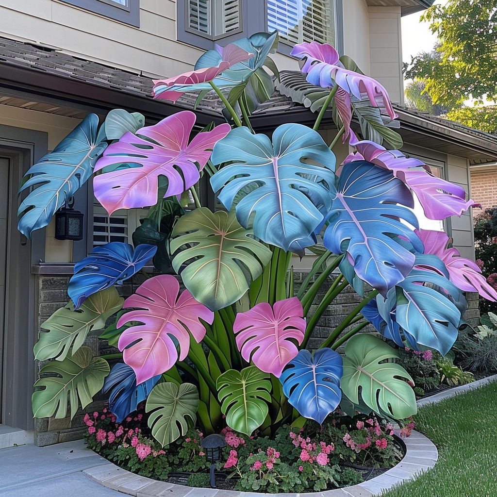 Vibrant Monstera plant with large blue, pink, and green leaves in a beautifully landscaped front yard