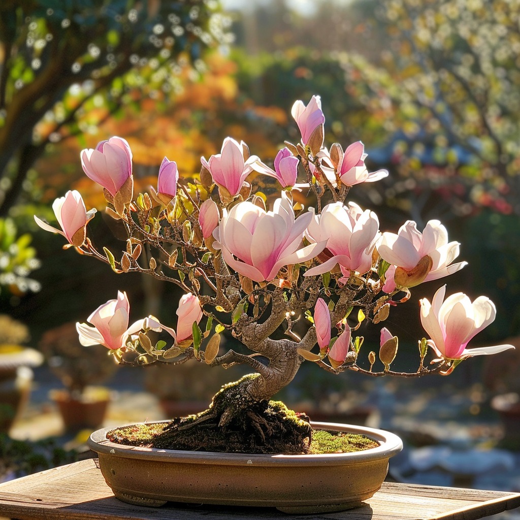 Bonsai Magnolia Tree in full bloom with soft pink and white flowers, set against a sunlit garden.