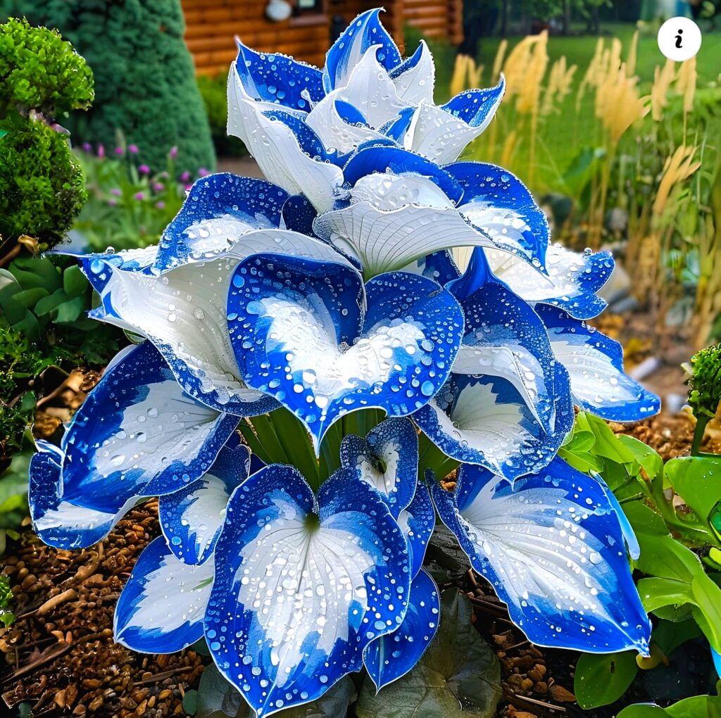 Blue and white flower with water droplets in a garden